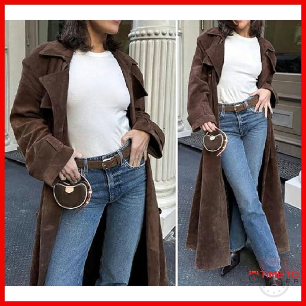 Faux Suede Long Trench Coat Double Breasted Belted Slim Fit Overcoat - Picture 7 of 8